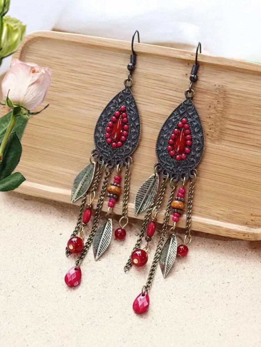 Bohemian Red Teardrop Dangle Earrings - Vintage Style